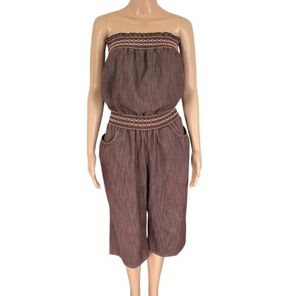 Y2K Strapless Denim Jumpsuit Smocked Wide Leg Boho Capri L Cowgirl Brown Hippie - Picture 3 of 14